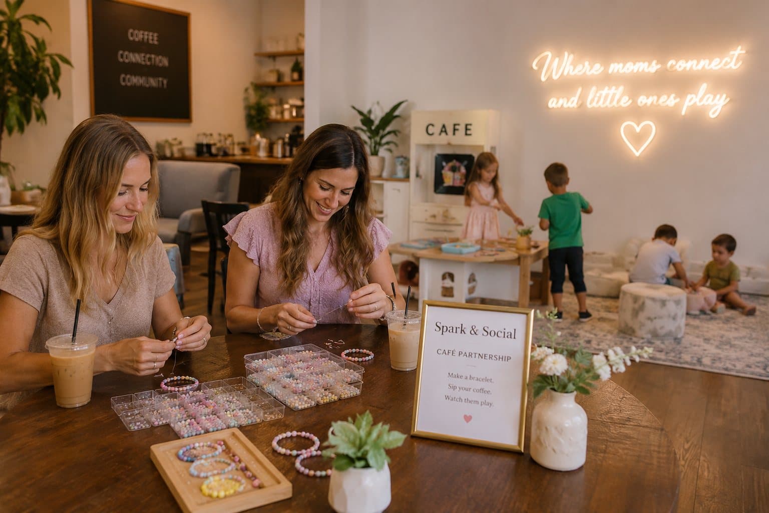 Spark & Social café partnership — moms making bracelets while children play